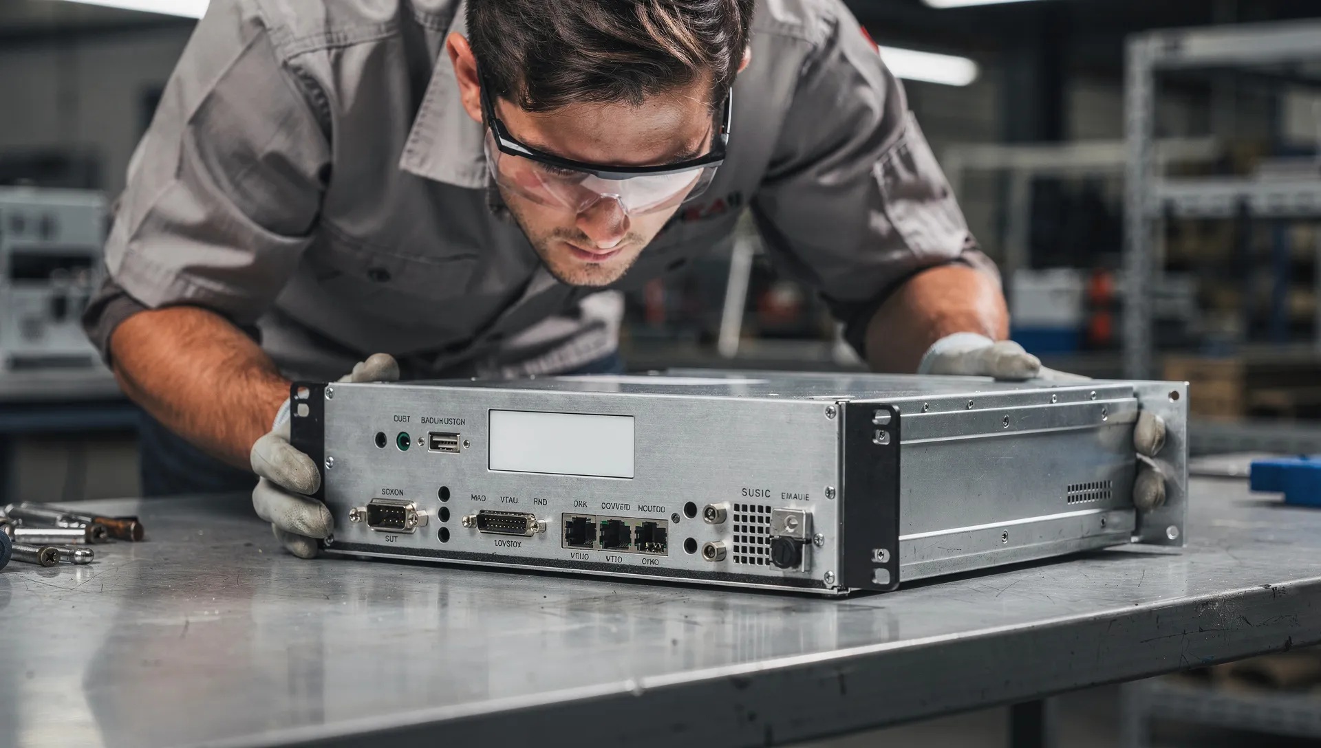 Ispettore qualità controlla un contenitore elettronico in lamiera in un'officina di carpenteria di precisione